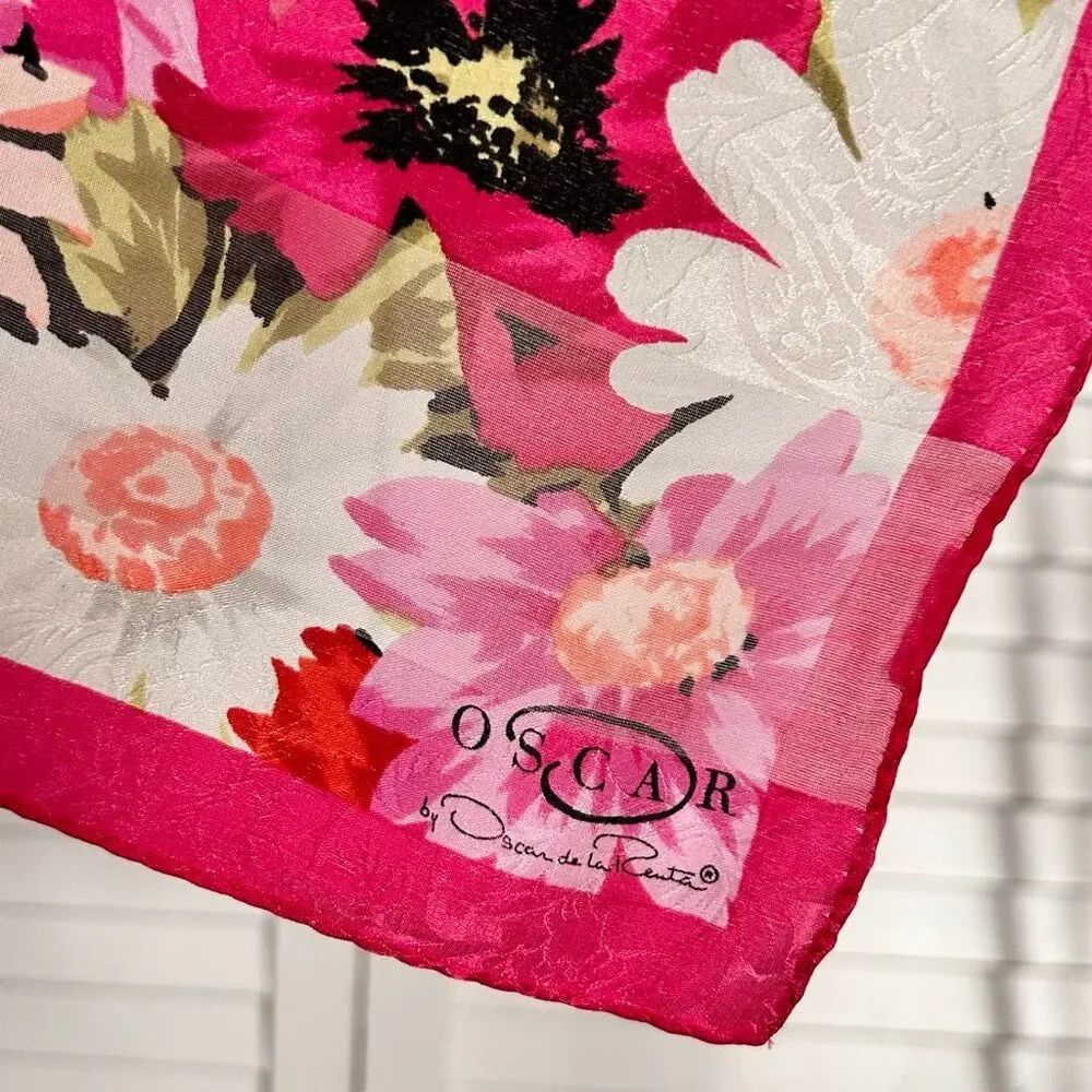 VTG Oscar by Oscar De La Renta 100% Silk Scarf Pink & Black Flowers 21” Square